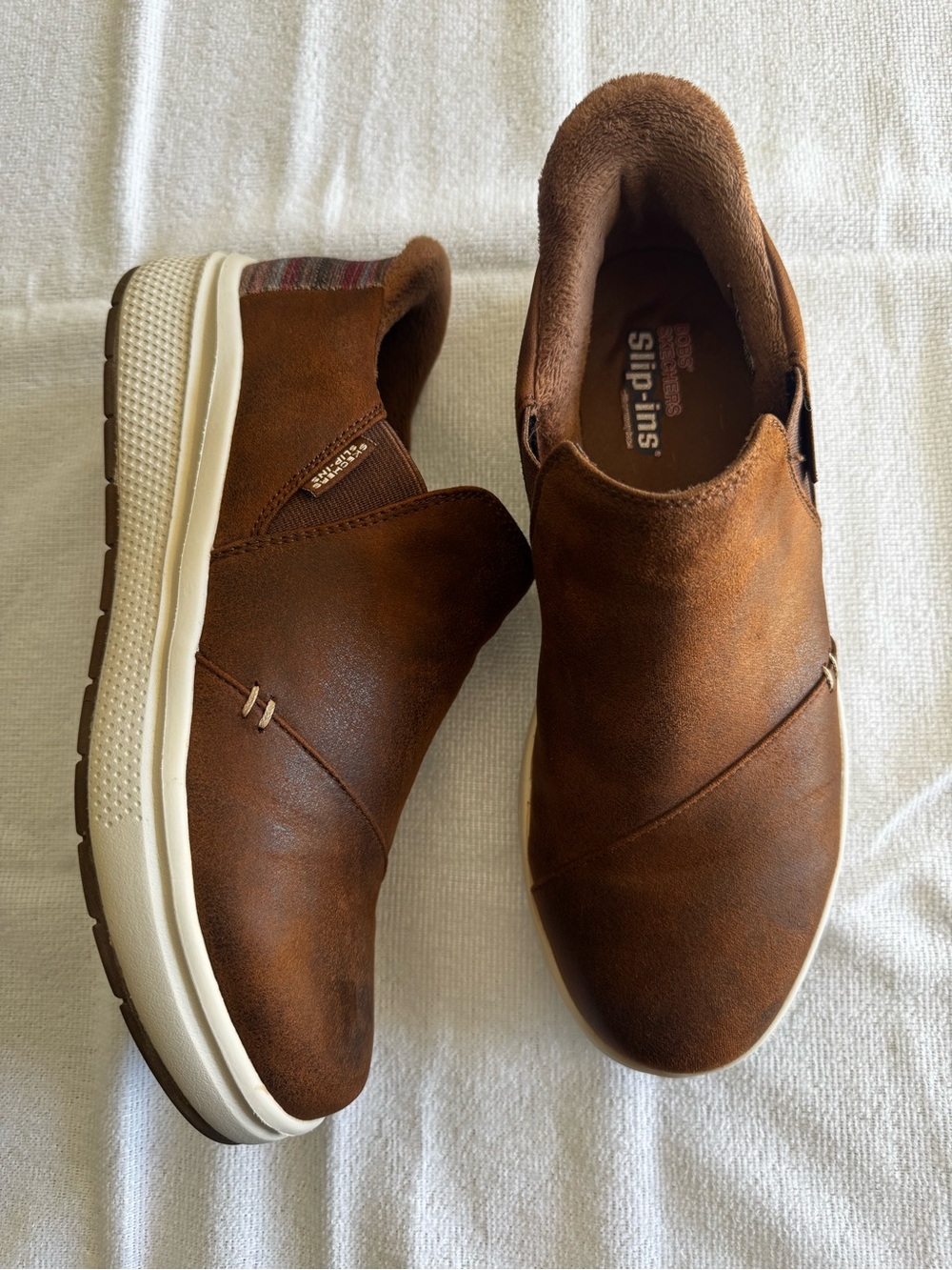 Skechers Tan Slip-On Loafer with Multicolor Striped Heel Panel - Picture 2 of 12